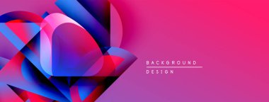 Soyut geometrik şekiller, canlı renkler, pembe gradyan. Modern tasarım elementleri dinamik görsel etki yaratır.