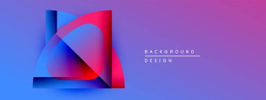 Soyut tasarım katmanlı şekiller, canlı mavi, kırmızı renkler içerir. Gradyan mor arkaplan modern görsel etki yaratır.