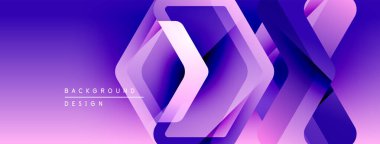 Soyut mor arkaplan katmanlı geometrik şekiller içerir. Gradyan geçişler modern görsel efektler yaratır. Tasarım metin ögelerini içerir.