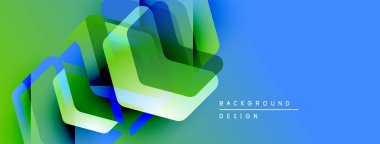 Soyut geometrik şekiller örtüşüyor, canlı yeşil, mavi renkler yaratıyor. Modern tasarım teknoloji, yenilik, derinlik öneriyor.