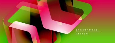 Soyut geometrik şekiller örtüşüyor, canlı renk eğimleri yaratıyor. Tasarım pembe, yeşil, kırmızı renklere sahiptir. Modern arkaplan ögesi.
