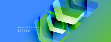 Soyut geometrik şekiller örtüşür, parlak mavi, yeşil eğimler yaratır. Modern tasarım elementleri teknoloji ve yenilik öneriyor.