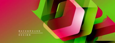 Soyut geometrik şekiller örtüşüyor, canlı renk eğimleri yaratıyor. Tasarım kırmızı, yeşil ve sarı renklere sahiptir. Modern arkaplan ögesi.