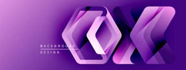 Soyut mor tasarım katmanlı geometrik şekiller içerir. Gradyan arka plan modern görsel efekt yaratır. Metin arkaplan tasarımı okur.