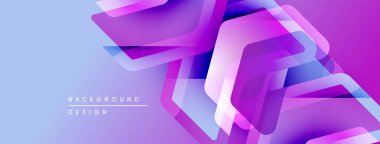 Soyut geometrik şekiller örtüşüyor, canlı mor ve mavi renkler yaratıyor. Modern tasarım elementleri teknoloji ve yenilik öneriyor.