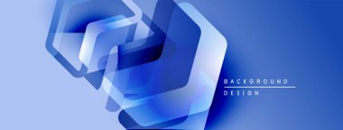 Soyut mavi tasarım katmanlı geometrik şekiller içerir. Gradyan gölgeler derinlik yaratır, modern estetik. Metin arkaplan tasarımı okur.