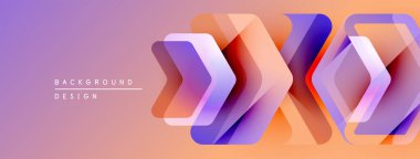 Soyut geometrik katmanlar canlı gradyan arkaplan oluşturur. Mor, turuncu renkler modern estetik sunarak tasarıma hakim..
