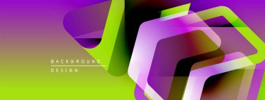 Soyut, enerjik bir arkaplan. Geometrik şekiller örtüşür, dinamik görsel efekt yaratır. Renkler mor, yeşil, pembe. Modern tasarım ögesi.