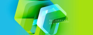 Soyut geometrik şekiller çakışıyor. Canlı mavi, yeşil renkler modern tasarım yaratır. Metin arka plan tasarımı okur. Yumuşak gradyanlar dinamik görsel efekt sunar.