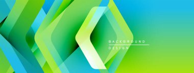 Soyut geometrik şekiller örtüşüyor, canlı yeşil, mavi gradyan yaratıyor. Modern tasarım teknoloji, yenilik ve enerji öneriyor.