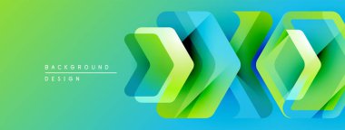 Soyut geometrik şekiller örtüşerek canlı yeşil-mavi gradyan arkaplan oluşturur. Modern tasarım elementleri teknoloji ve yenilik öneriyor.