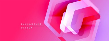 Parlak pembe arka plan katmanlı geometrik şekiller. Üst üste binen altıgenler dinamik görsel efekt yaratır. Modern tasarım ögesi.