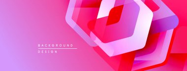Soyut geometrik şekiller örtüşüyor, canlı pembe, kırmızı gradyanlar yaratıyor. Modern tasarım teknoloji, yenilik, dinamik hareket öneriyor.