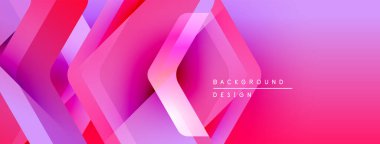 Soyut geometrik şekiller örtüşüyor, canlı pembe, mor renkler yaratıyor. Modern tasarım teknoloji, yenilik ve enerji öneriyor.