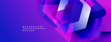 Soyut geometrik şekiller örtüşüyor, canlı mor ve mavi renkler yaratıyor. Modern tasarım teknoloji, yenilik ve enerji öneriyor.