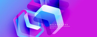 Soyut geometrik şekiller örtüşüyor, canlı mor ve mavi renkler yaratıyor. Modern tasarım elementleri yenilik ve teknoloji öneriyor.