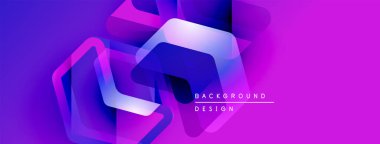 Soyut geometrik şekiller örtüşüyor, canlı mor ve mavi renkler yaratıyor. Modern tasarım teknoloji ve yenilik öneriyor.