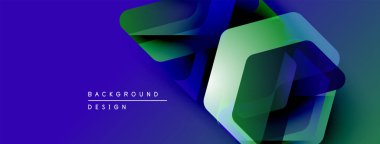 Soyut geometrik şekiller örtüşür, dinamik görsel efekt yaratır. Mavi, yeşil renkler kompozisyona hakim. Modern tasarım ögesi.