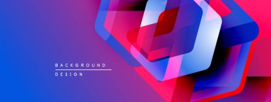 Soyut geometrik şekiller örtüşüyor, canlı renk eğimleri yaratıyor. Mavi, pembe, mor renkler tasarımda baskın. Modern, dinamik kompozisyon.