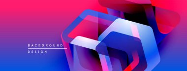 Soyut geometrik şekiller örtüşür, canlı bir değişim etkisi yaratır. Mavi, pembe, mor renkler kompozisyona hakim. Modern tasarım ögesi.