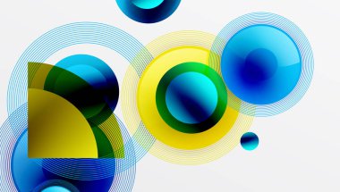 Rengarenk daireler ve çizgiler içeren soyut bir kompozisyon. Parlak sarı, mavi, yeşil renkler dinamik görsel efekt yaratır. Modern tasarım.