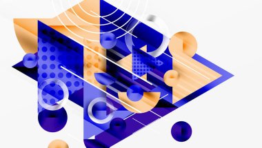 Soyut geometrik bileşim. Şekiller çakışıyor, dinamik görsel etki yaratıyor. Turuncu, mavi tonlar dizaynın hakimi. Modern, temiz estetik.