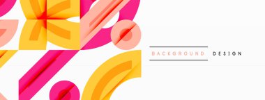 Soyut geometrik şekiller örtüşür, renkli arkaplan oluşturur. Modern tasarım elementleri dinamik bileşimi önerir.