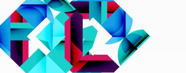 Soyut geometrik şekiller örtüşür, dinamik bileşim yaratır. Maviler, morlar, kırmızılar beyaz arka plana hakim. Modern tasarım elemanları.