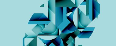 Soyut geometrik şekiller, deniz mavisi renkleri baskın gelir. Modern tasarım, temiz çizgiler, dijital çizimler. Minimalist estetik, serin tonlar sunar.