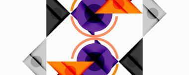 Soyut geometrik bileşim. Çemberler, üçgenler, kareler simetrik desenler oluşturur. Mor, turuncu, gri renkler tasarımda baskın. Minimalist estetik.