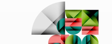 Soyut geometrik şekiller örtüşür, renkli kompozisyon oluşturur. Gradyanlar derinlik ve ışık etkileşimi olduğunu gösteriyor. Minimalist tasarım, modern estetik.