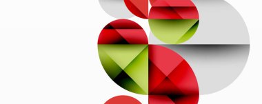 Soyut geometrik bileşim. Kırmızı, yeşil, gri şekiller, dinamik görsel efekt oluşturur. Minimalist tasarım, modern estetik.