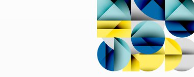 Soyut geometrik bileşim. Şekiller örtüşüyor, dinamik görsel ilgi yaratıyor. Mavi, sarı, gri tonlar dizaynın hakimi.