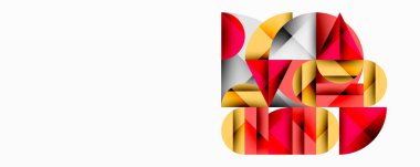 Soyut geometrik bileşim. Kırmızı, sarı, gri şekiller üst üste binerek dinamik görsel ilgi yaratıyor. Minimalist tasarım, modern estetik.