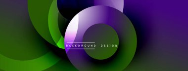 Soyut dinamik katmanlar, mor, yeşil renkler. Modern tasarım elementleri akıcı görsel etki yaratır. Arkaplan dairesel şekiller, gradyanlar.