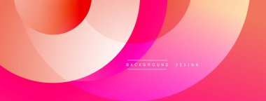 Soyut tasarım özellikleri üst üste binen daireler, gradyanlar. Pembe, turuncu renkler kompozisyona hakim. Modern estetik, basit metin ögesi.