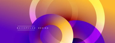 Soyut sıvı şekilleri canlı mor, sarı renkleri harmanlıyor. Üst üste binen daireler dinamik görsel efekt yaratır. Modern tasarım ögesi.