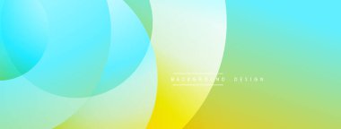 Soyut eğim arkaplanı. Üst üste binen daireler yumuşak renk değişimi yaratıyor, sarıdan turkuaza. Metin elementli minimalist tasarım.