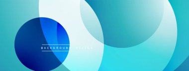 Soyut geometrik şekiller, mavi renkler, üst üste binen daireler modern arkaplan tasarımı yaratır. Yumuşak gradyanlar görsel ilgi sunar.