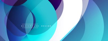 Soyut arkaplan özellikleri üst üste binen daireler, gradyanlar. Mavi, mor, beyaz renkler dinamik görsel efekt yaratır. Modern tasarım ögesi.