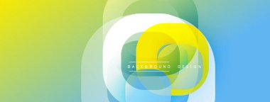 Soyut geometrik şekiller canlı sarı, yeşil, mavi renkleri harmanlarlar. Modern tasarım üst üste binen kareler, daireler, gradyanlar içerir. Metin arkaplan tasarımı okur.