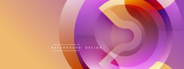 Soyut çemberler örtüşür ve canlı bir gradyan arkaplan oluşturur. Şeftali, mor, turuncu renkler tasarımda baskın. Modern estetik.