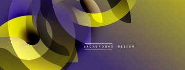 Soyut şekiller örtüşür, dinamik değişim etkisi yaratır. Sarı, mor, altın tonlar kompozisyona hakim. Modern tasarım ögesi.