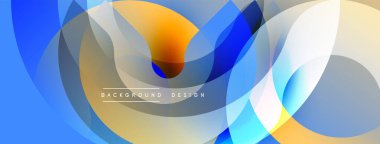 Soyut şekiller örtüşür, dinamik renkli kompozisyon yaratır. Mavi, turuncu, beyaz renkler kusursuz bir şekilde harmanlanır. Modern tasarım ögesi.