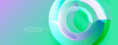 Soyut tasarım katmanlı daireler içerir. Mordan turkuaza geçişler, sonra da yeşile. Minimalist tarz, modern estetik.