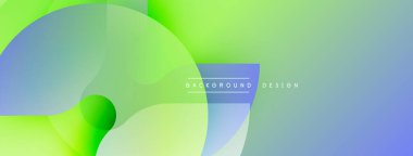 Soyut geometrik şekiller canlı yeşillikleri, mavileri harmanlıyor. Modern tasarım tazeliği, enerjiyi, basitliği çağrıştırıyor. Arkaplanda metin ögeleri.