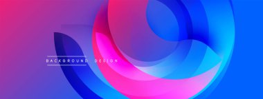Soyut canlı tasarım, üst üste binen renkli daireler. Gradyan gölgeler pembe, mor, mavi karışımı dinamik görsel efekt yaratır. Metin arkaplan tasarımı okur.
