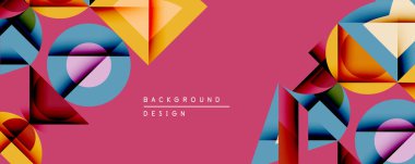 Soyut geometrik bileşim. Canlı renkler, üst üste binen şekiller dinamik görsel efektler yaratır. Pembe arka plan katmanlı tasarım unsurlarını vurgular. Modern, şık estetik..