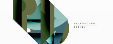 Soyut geometrik bileşim. Üst üste binen şekiller dinamik görsel efekt yaratır. Sönük yeşiller, maviler dizaynın hakimi. Minimalist tarz, modern estetik.