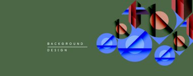 Soyut geometrik bileşim. Üst üste binen şekiller, soluk yeşil zemine karşı mavi, kırmızı ve kahverengi renkler kullanarak derinlik yaratır. Arka planlar için modern tasarım ögesi.